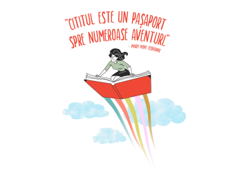 Sticker cu mesaj 'Cititul este un pașaport spre numeroase aventuri', decorațiune pentru școli și grădinițe, 90x70 cm, racletă de aplicare inclusă