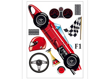 Sticker maşină curse Formula 1, AGDesign, decorațiune pentru copii, planșă sticker 65x85 cm